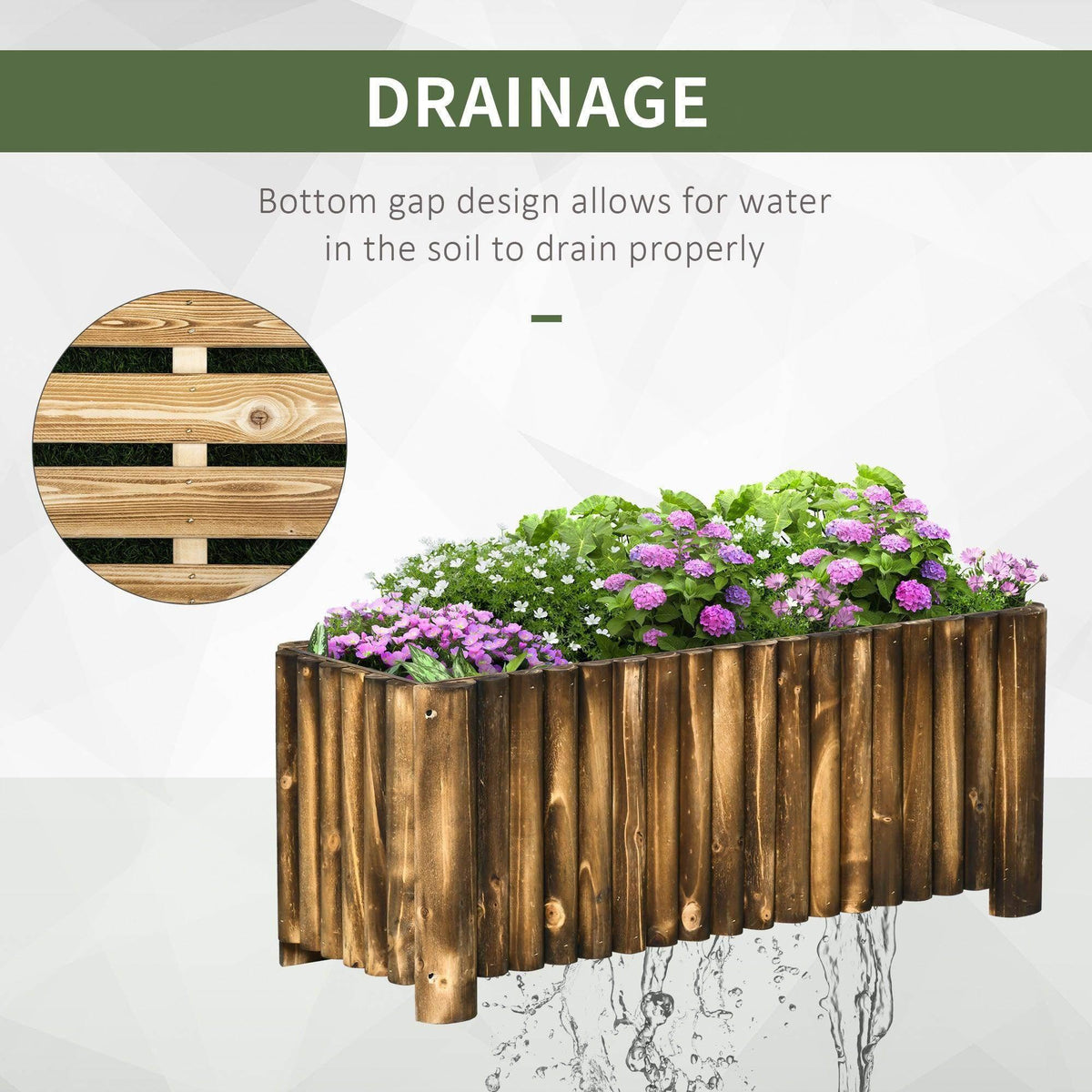 Wooden raised flower bed planter with slatted sides and water drainage at base