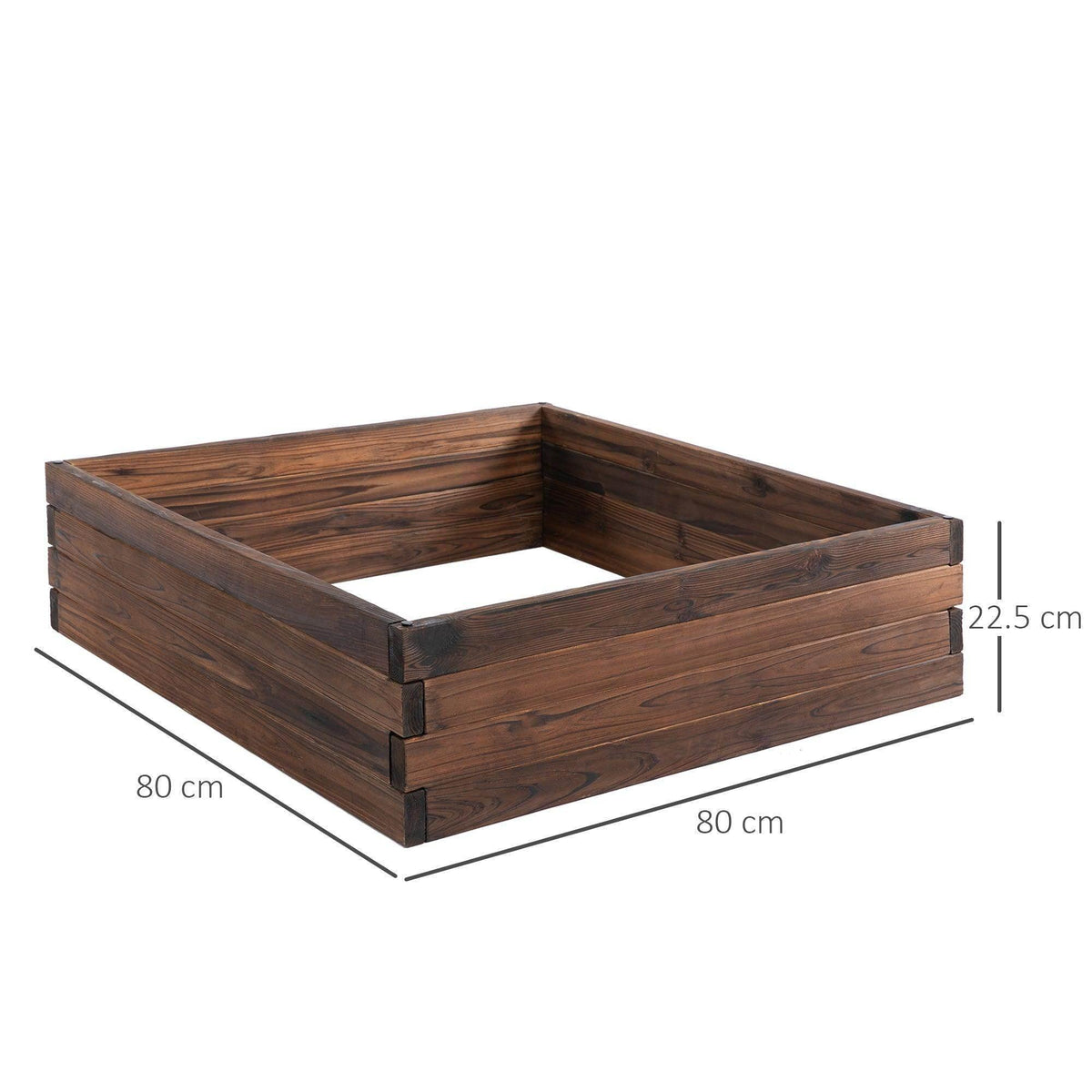 Dark brown wooden raised planter bed with open interior and four-corner posts; 80cm size