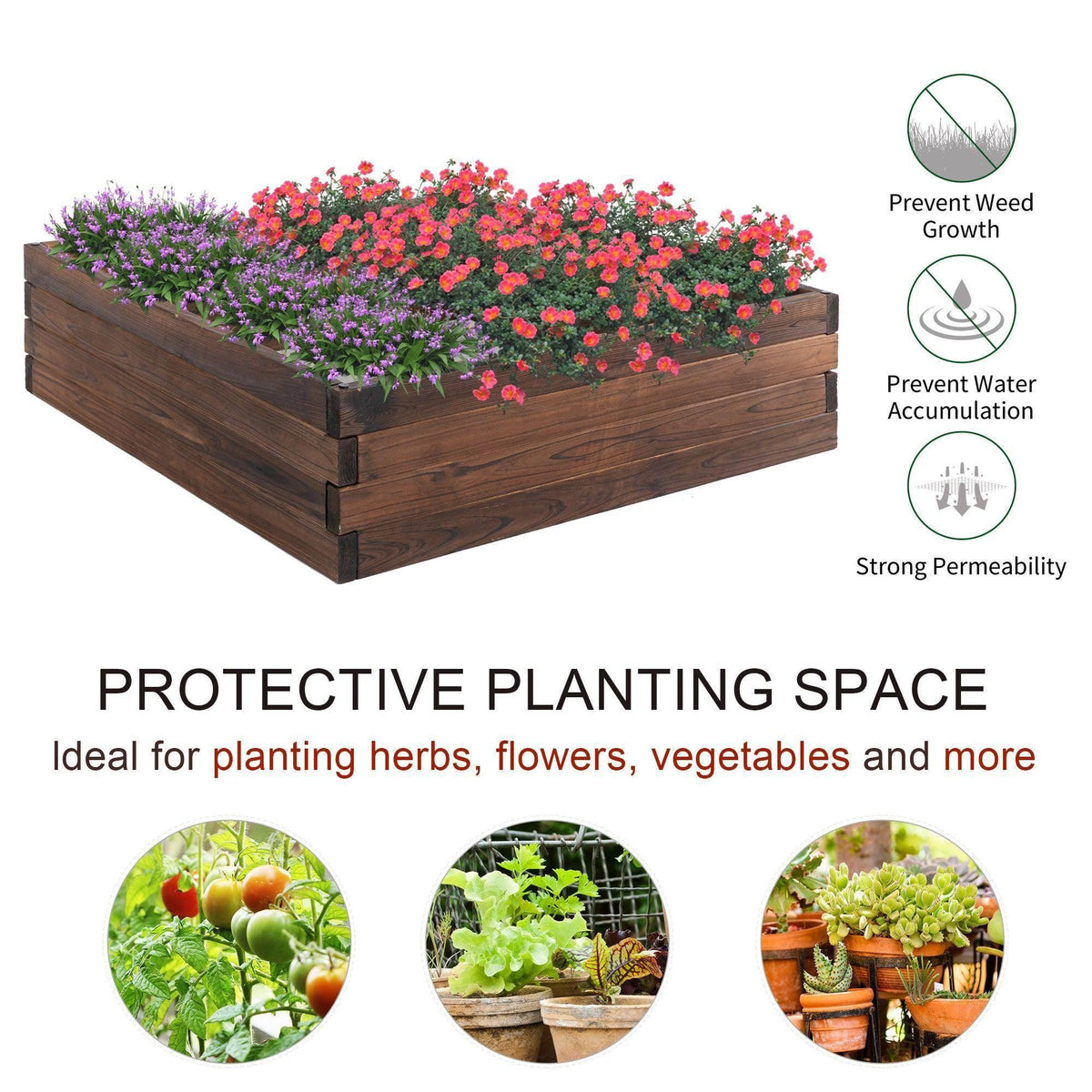 Rectangular dark brown wooden raised planter bed with side slats and planted flowers