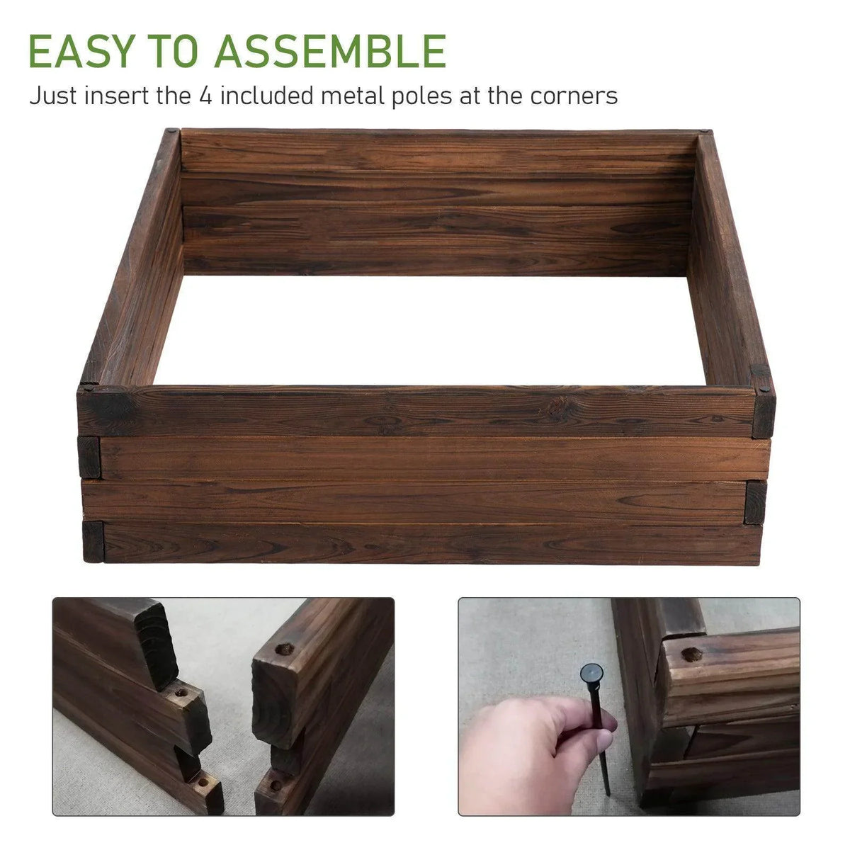 Dark brown wooden raised planter bed interior view with top rim and corner join details