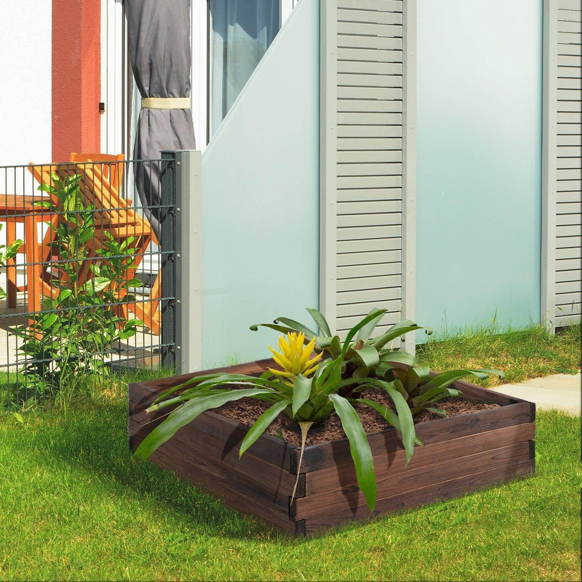 Dark brown wooden raised planter bed with spiky green plants on outdoor lawn