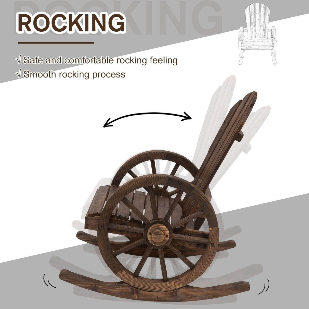 Wooden rocking chair with wheel-like rockers and slatted back, showing smooth rocking motion
