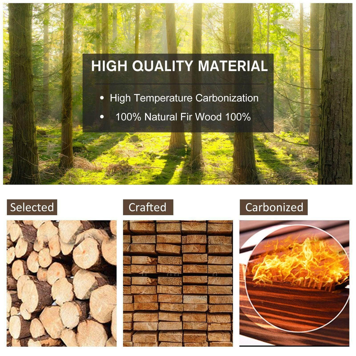 Wooden chair material infographic: natural fir wood and carbonized logs selection process