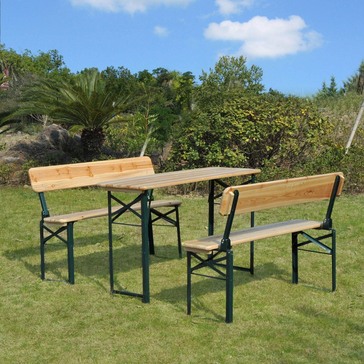 Outdoor wooden table and bench set with pine tabletop and dark metal legs
