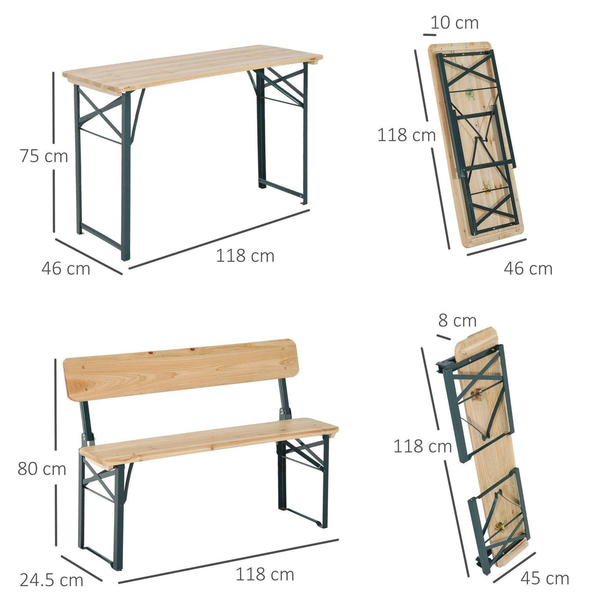 Foldable outdoor table and bench set with labeled dimensions for tabletop and frames