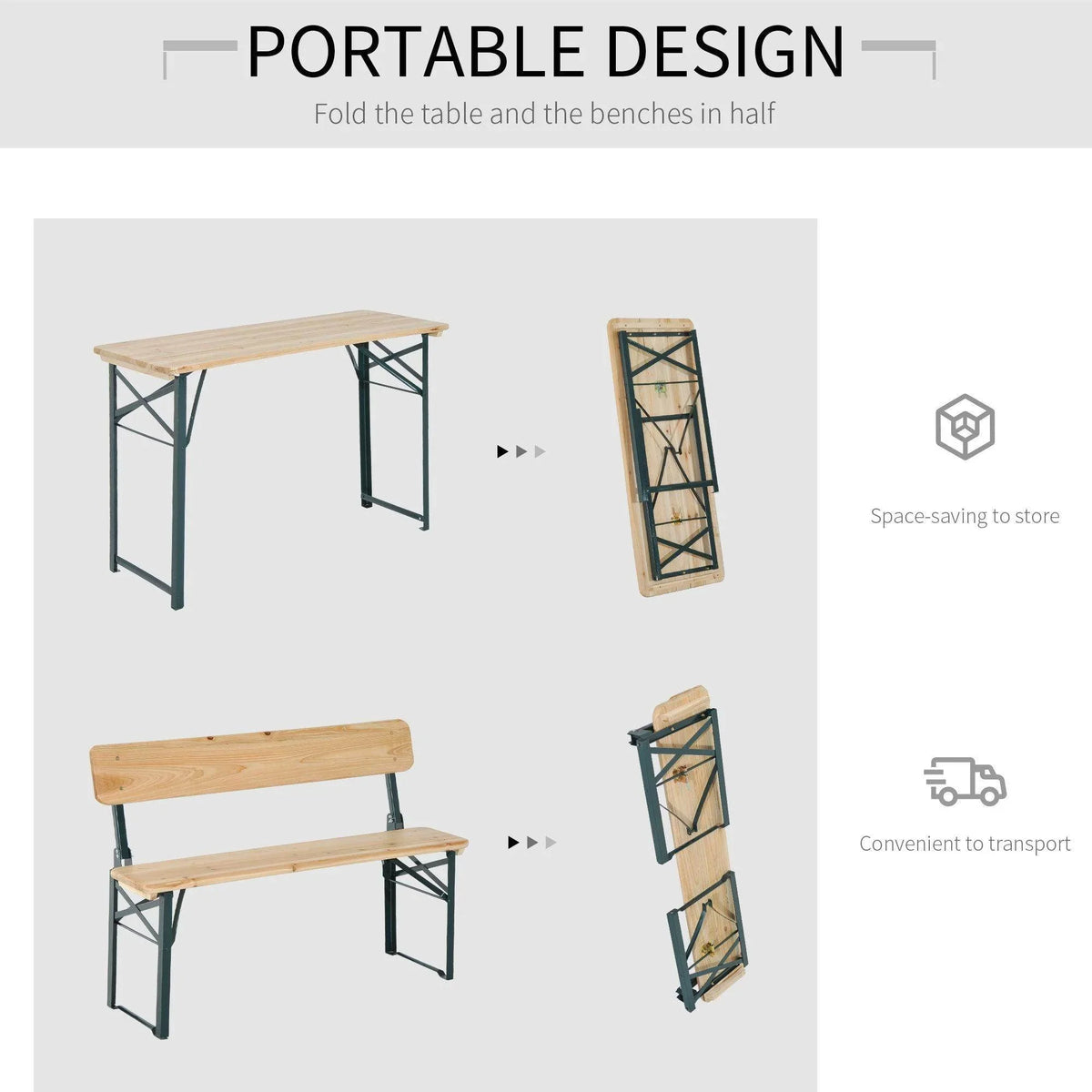 Foldable outdoor table and bench set shown packed flat for storage and transport