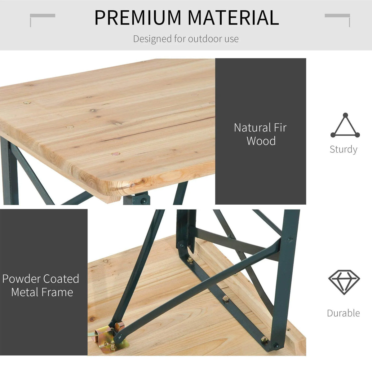 Natural fir wood tabletop with powder-coated metal frame for outdoor table and benches