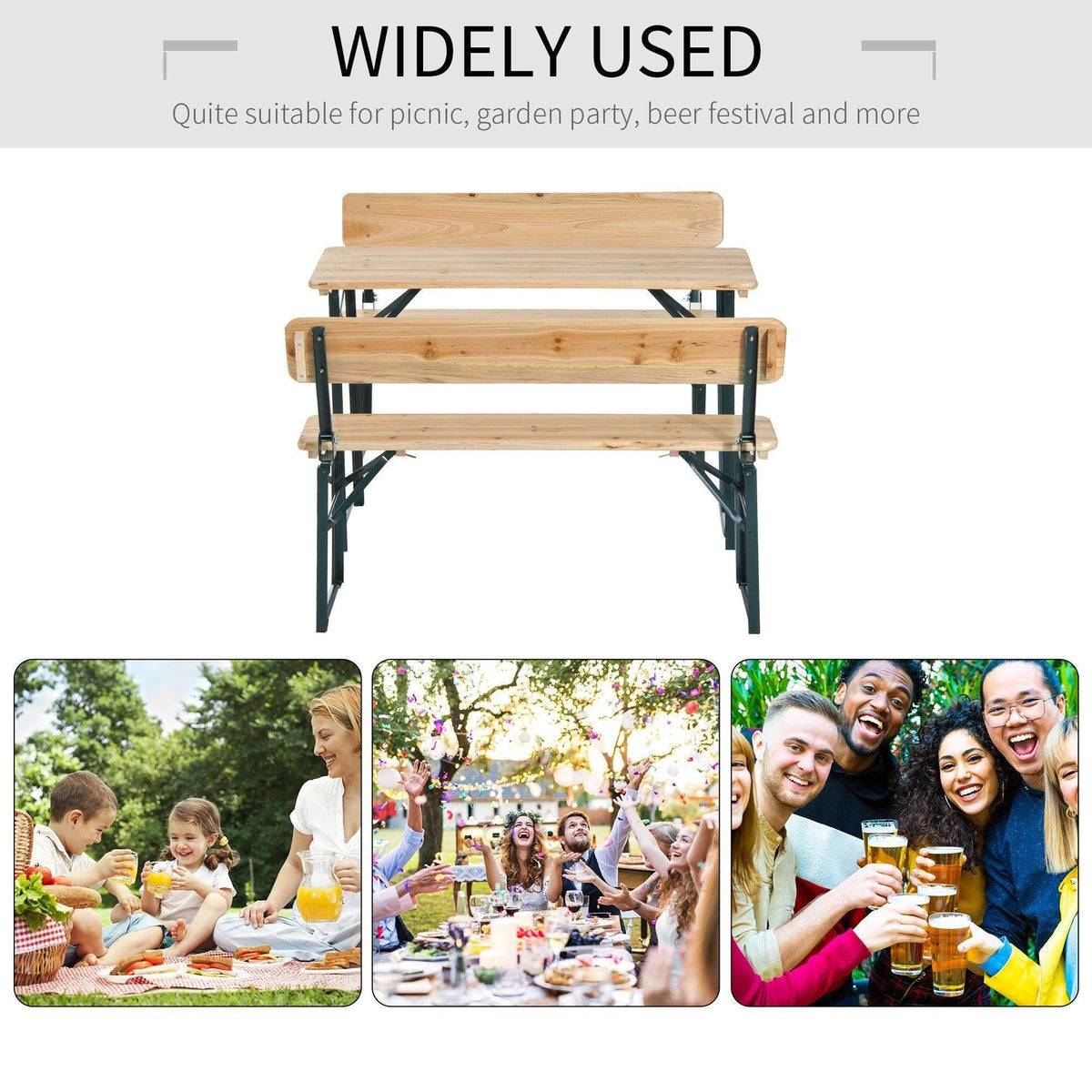 3-piece outdoor table and bench set with slatted natural wood tops and dark frames