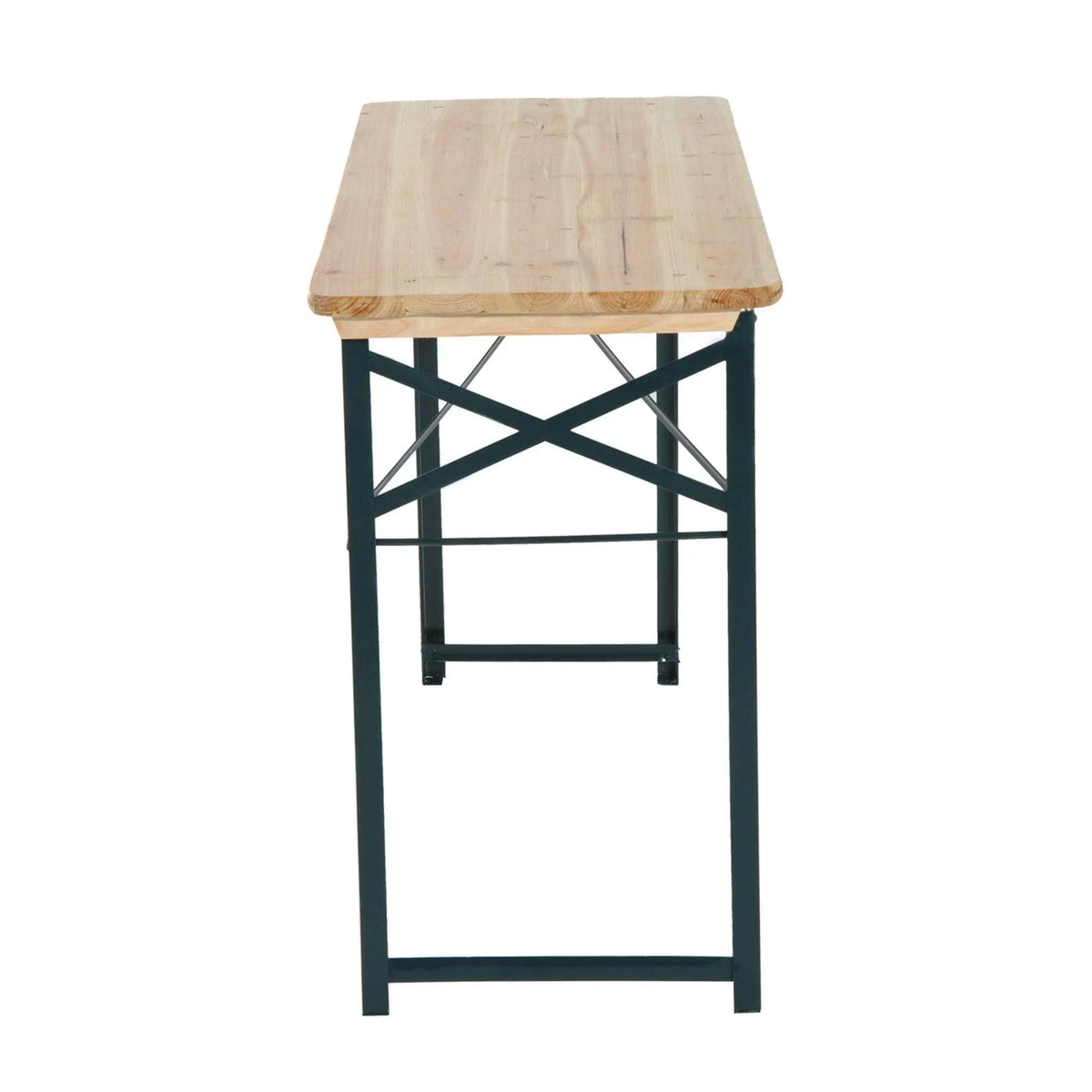 Outdoor wooden table with natural top and dark metal frame with cross-brace support