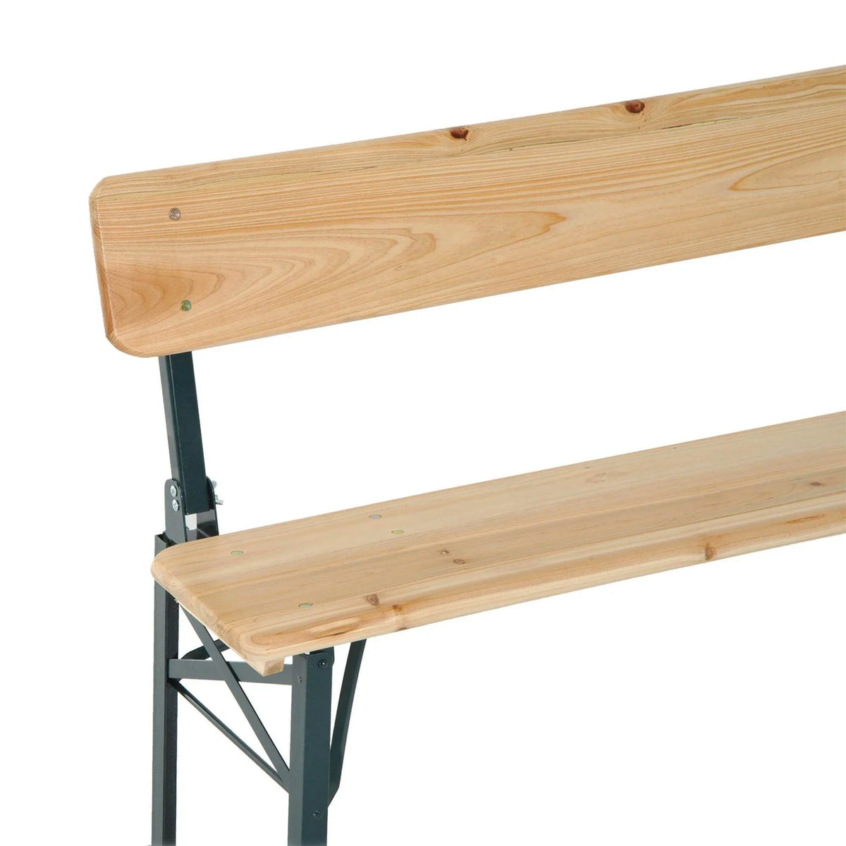 Slatted wood bench seat with dark metal folding frame and X brace