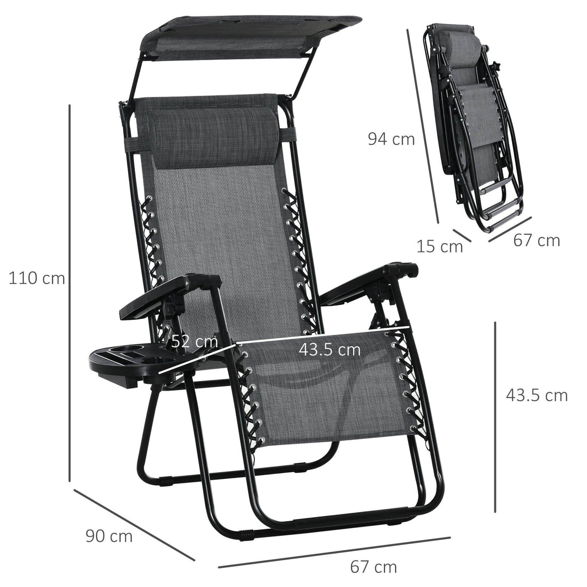 Grey fabric reclining chair shown with side profile and adjustable leg support.