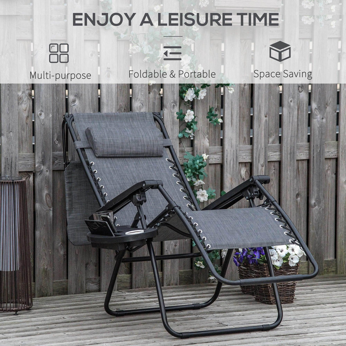 Grey padded reclining chair with headrest and armrest on a metal base.