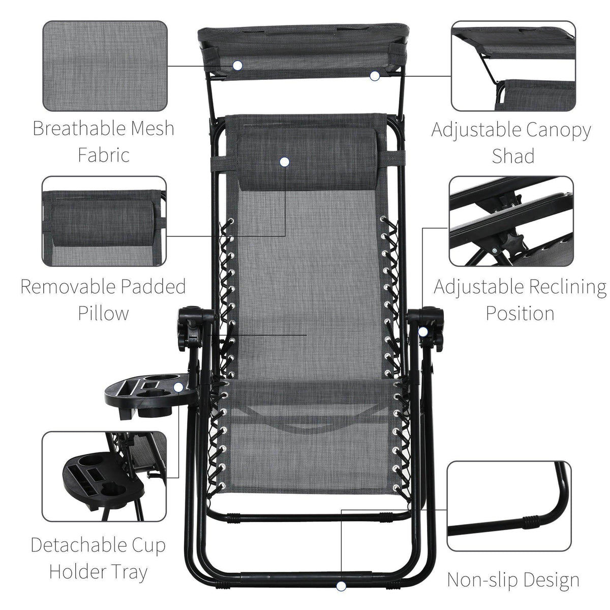 Grey reclining chair with removable padded pillow, cup holder tray, and adjustable canopy.