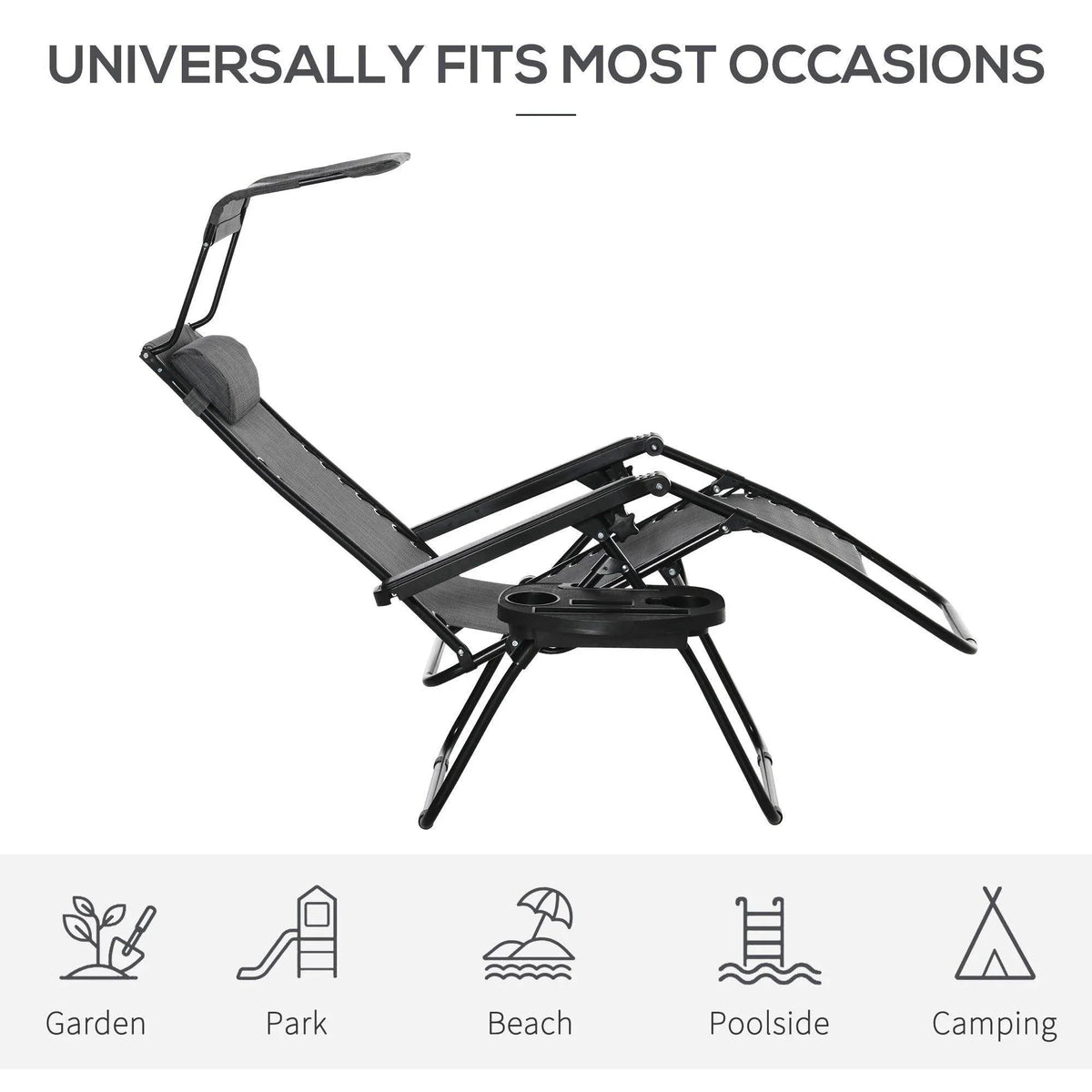 Black-and-grey zero-gravity recliner chair with wide leg rest and adjustable back.