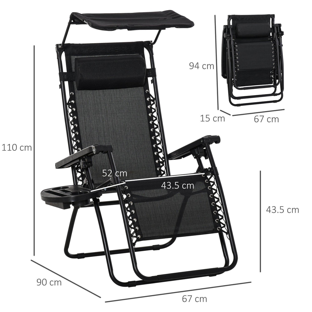 Black zero gravity patio lounger with adjustable canopy, mesh back, and cup holder tray
