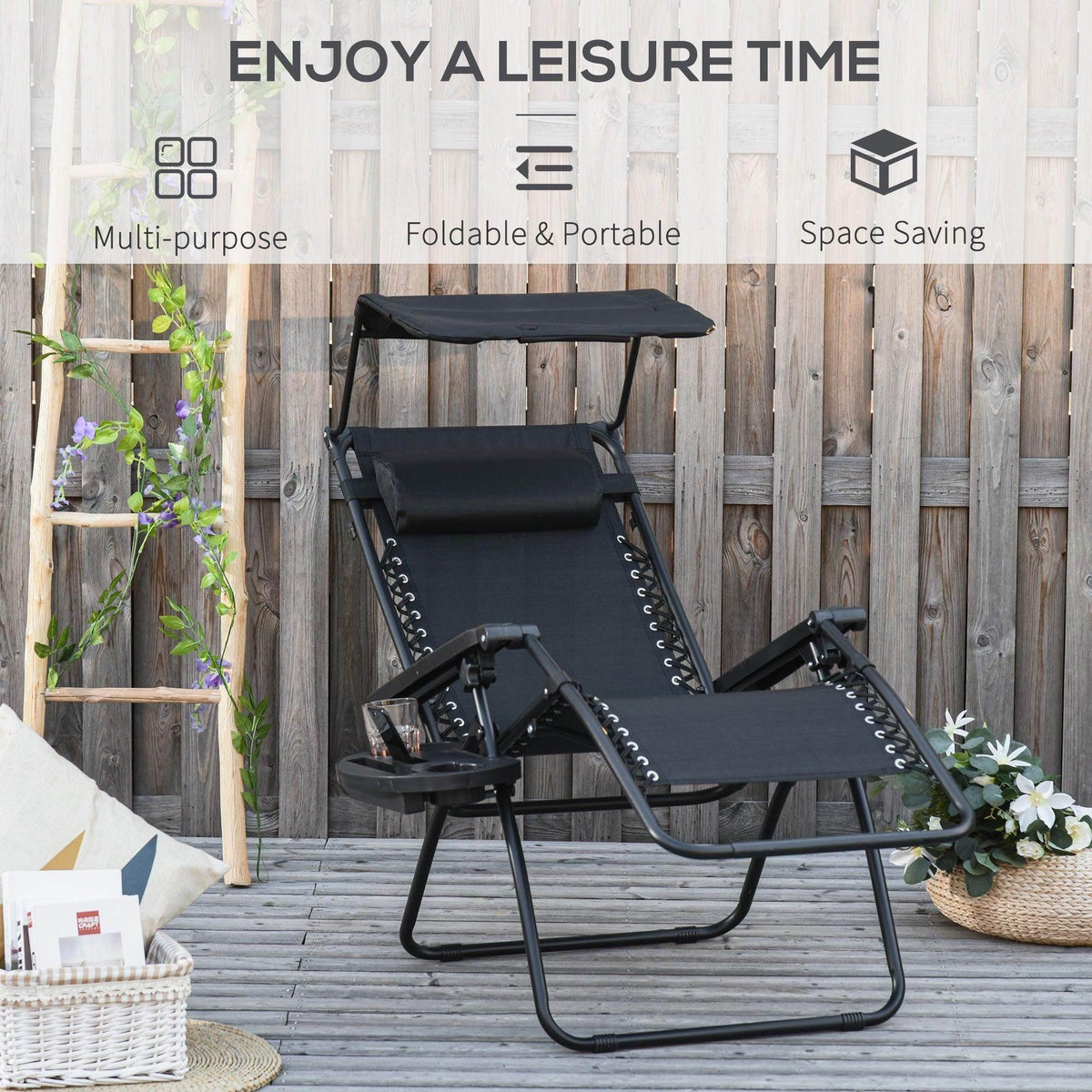 Black zero gravity patio lounger with canopy and mesh reclining seat