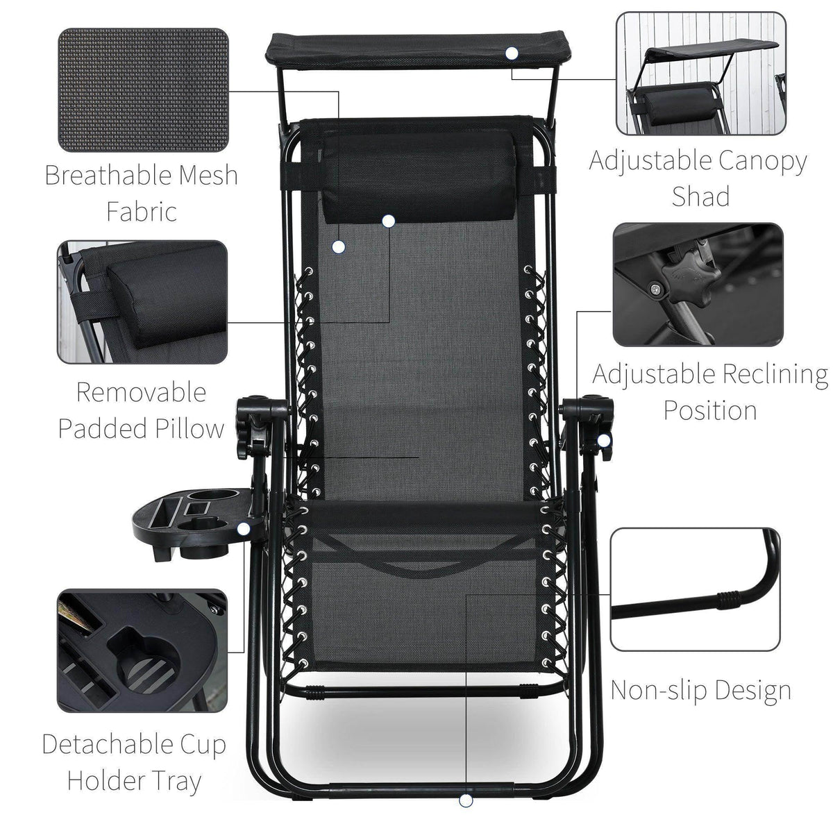 Black zero gravity lounger with adjustable canopy, padded pillow, and removable cup tray