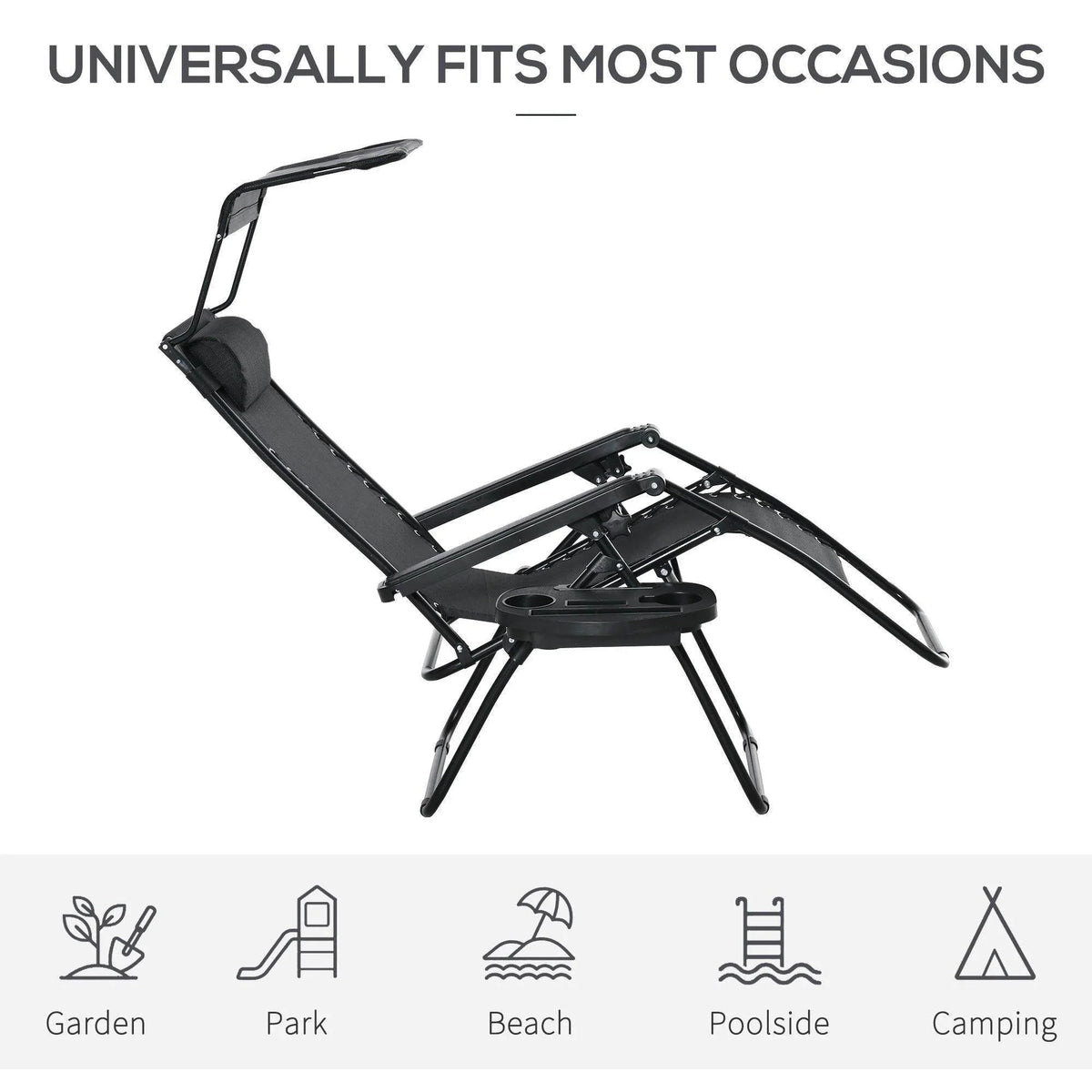 Reclining black zero gravity patio lounger with adjustable canopy and cup holder tray