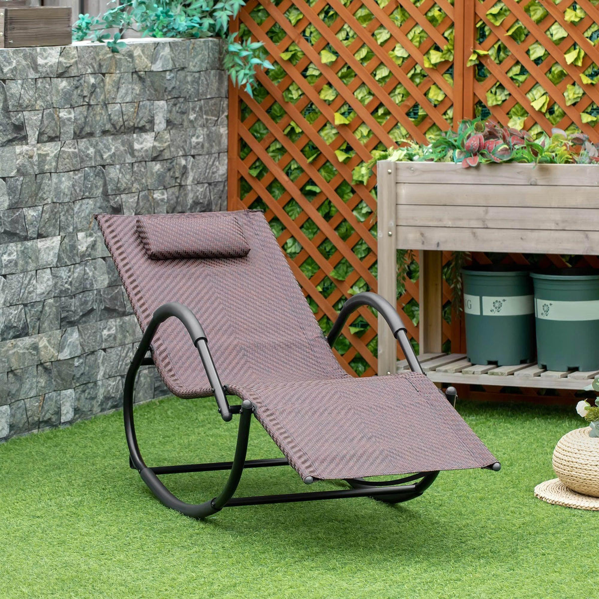 Brown zero gravity rocking chair with black steel frame and woven fabric seat