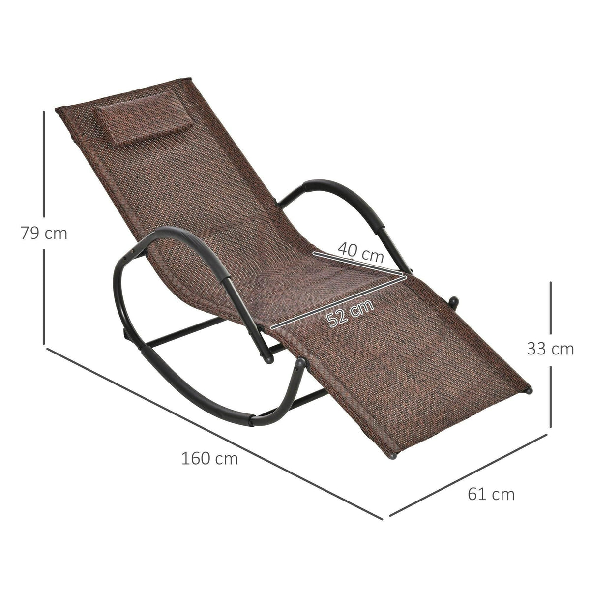 Brown zero gravity rocking chair with mesh seat, headrest pillow, and curved black base