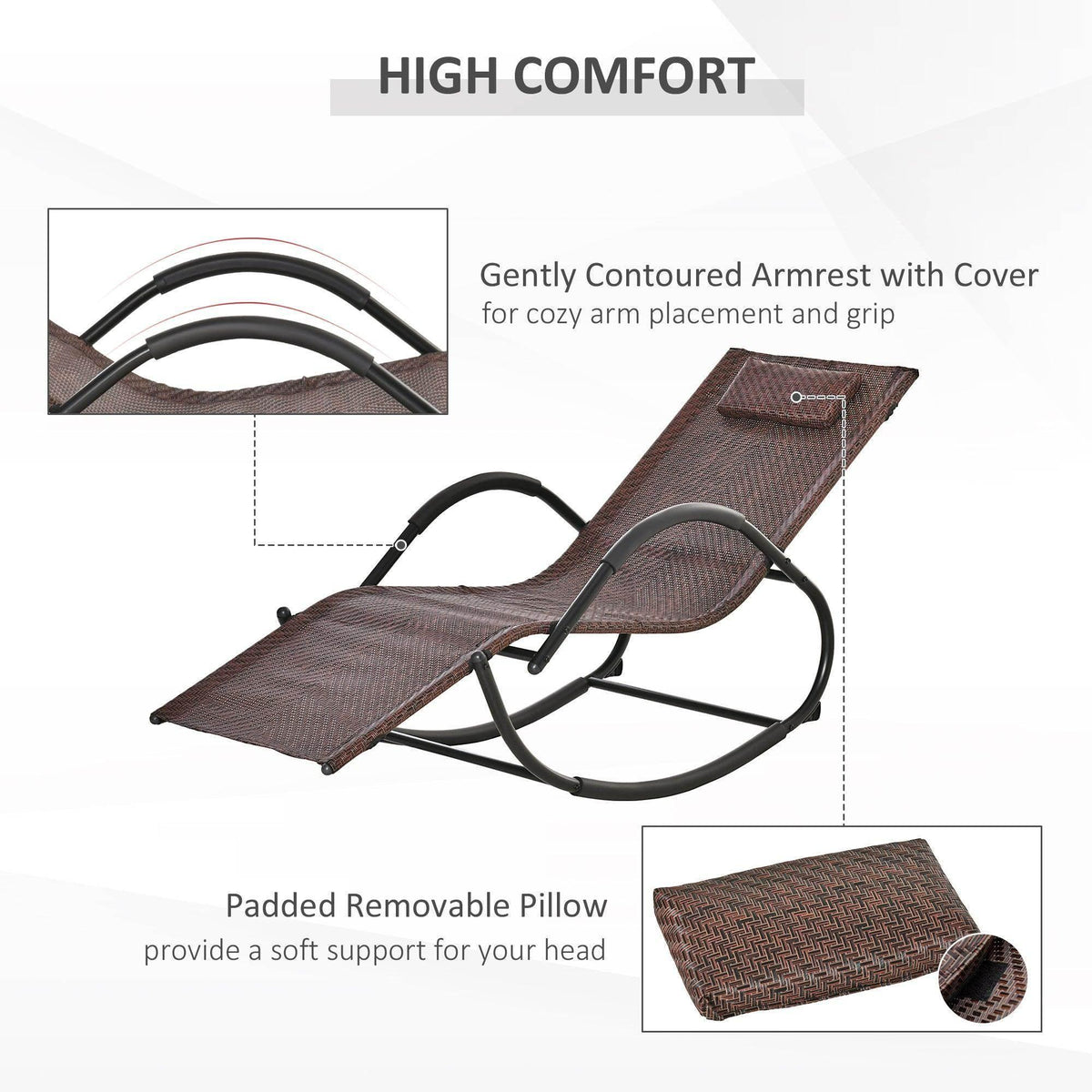 Brown zero gravity rocking chair with padded removable head pillow and armrest cover