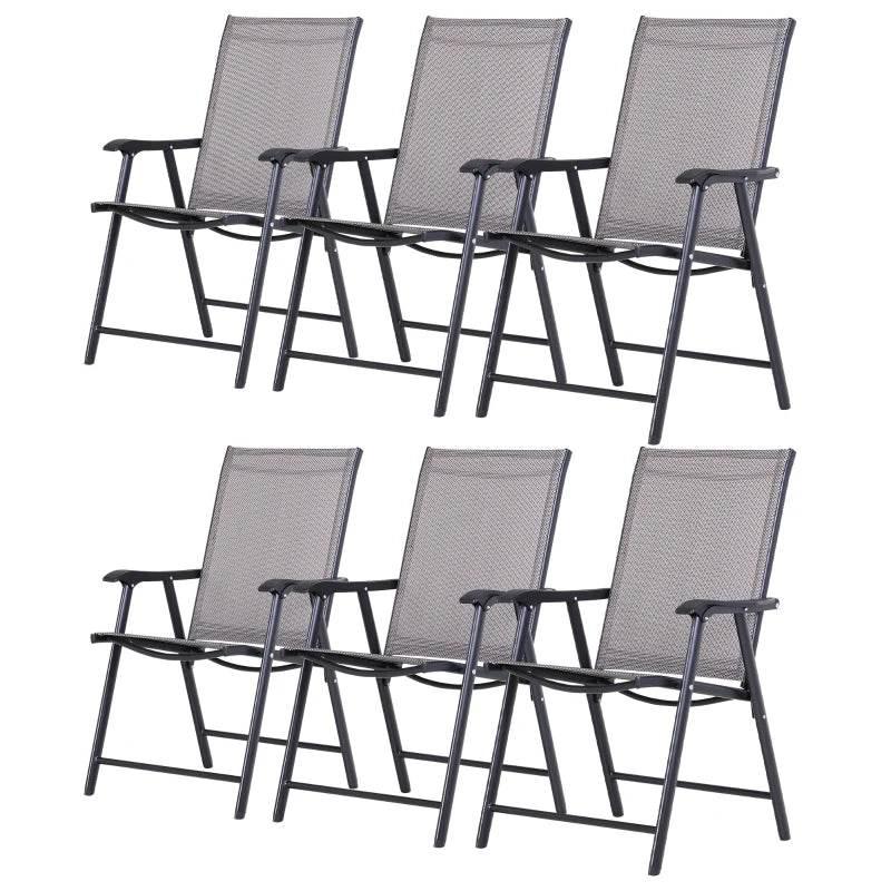 Set of six grey mesh folding patio dining chairs with black metal frames