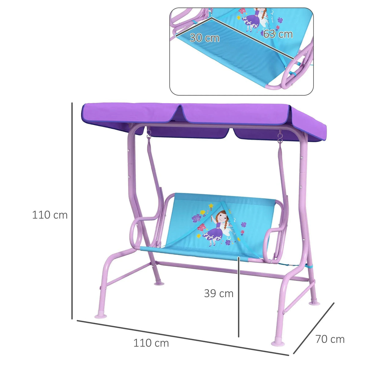 Purple double swing chair with blue seat pad and canopy, side view