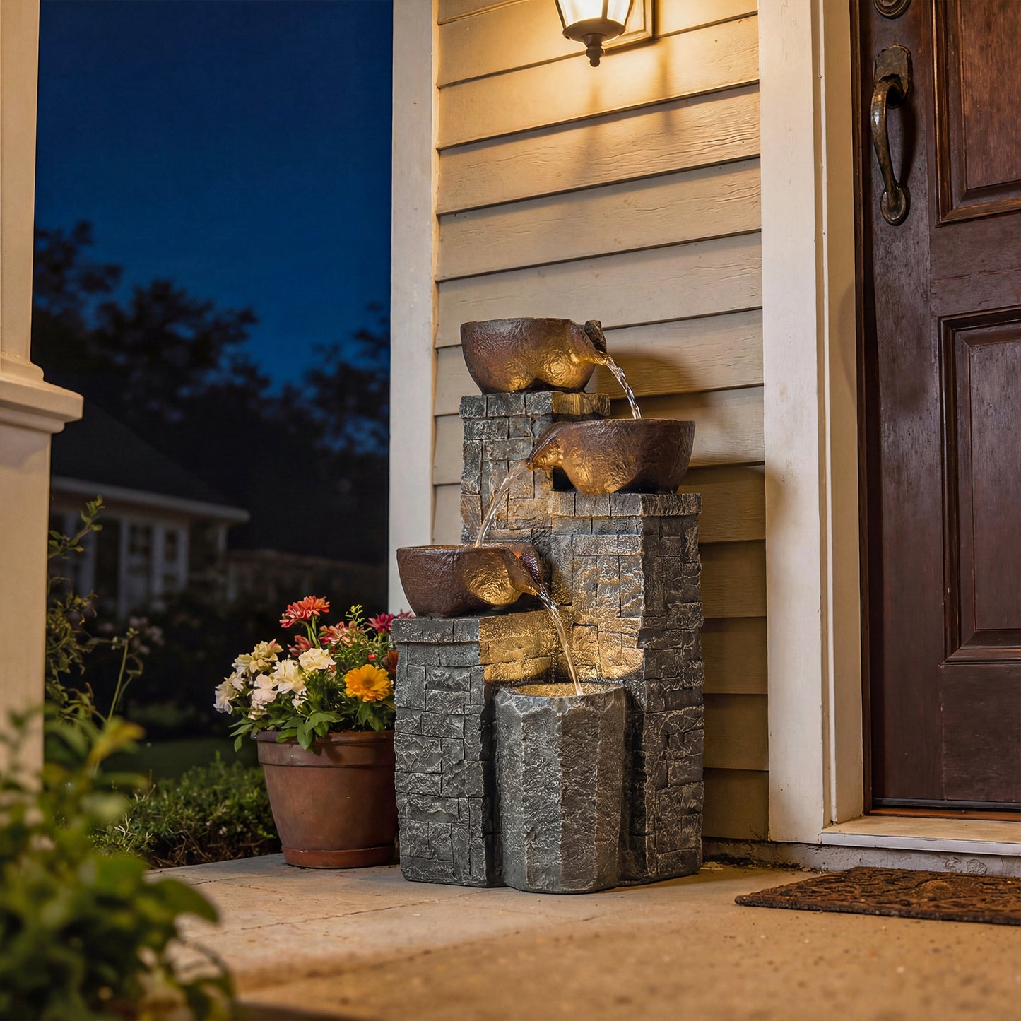 Outsunny 4-Tier Outdoor Fountain With Cascading Waterfall LED Lights Adjustable Flow Grey And Rustic Brown