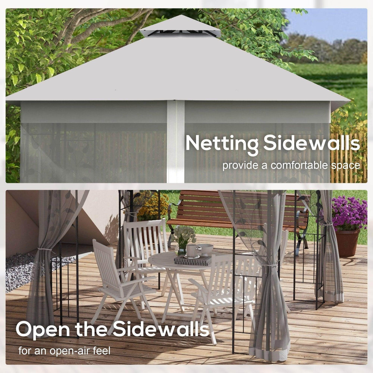 Outdoor gazebo with netted sidewalls and open panels under light grey canopy