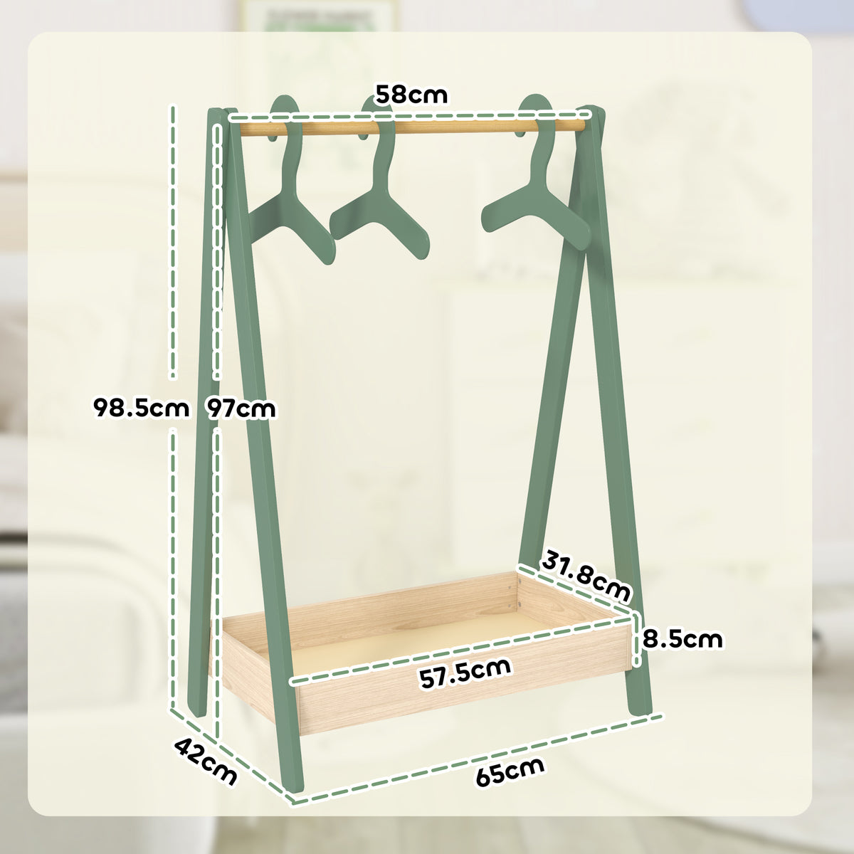 Green clothes rail frame with three hanger bars and bottom shelf, shown with dimensions