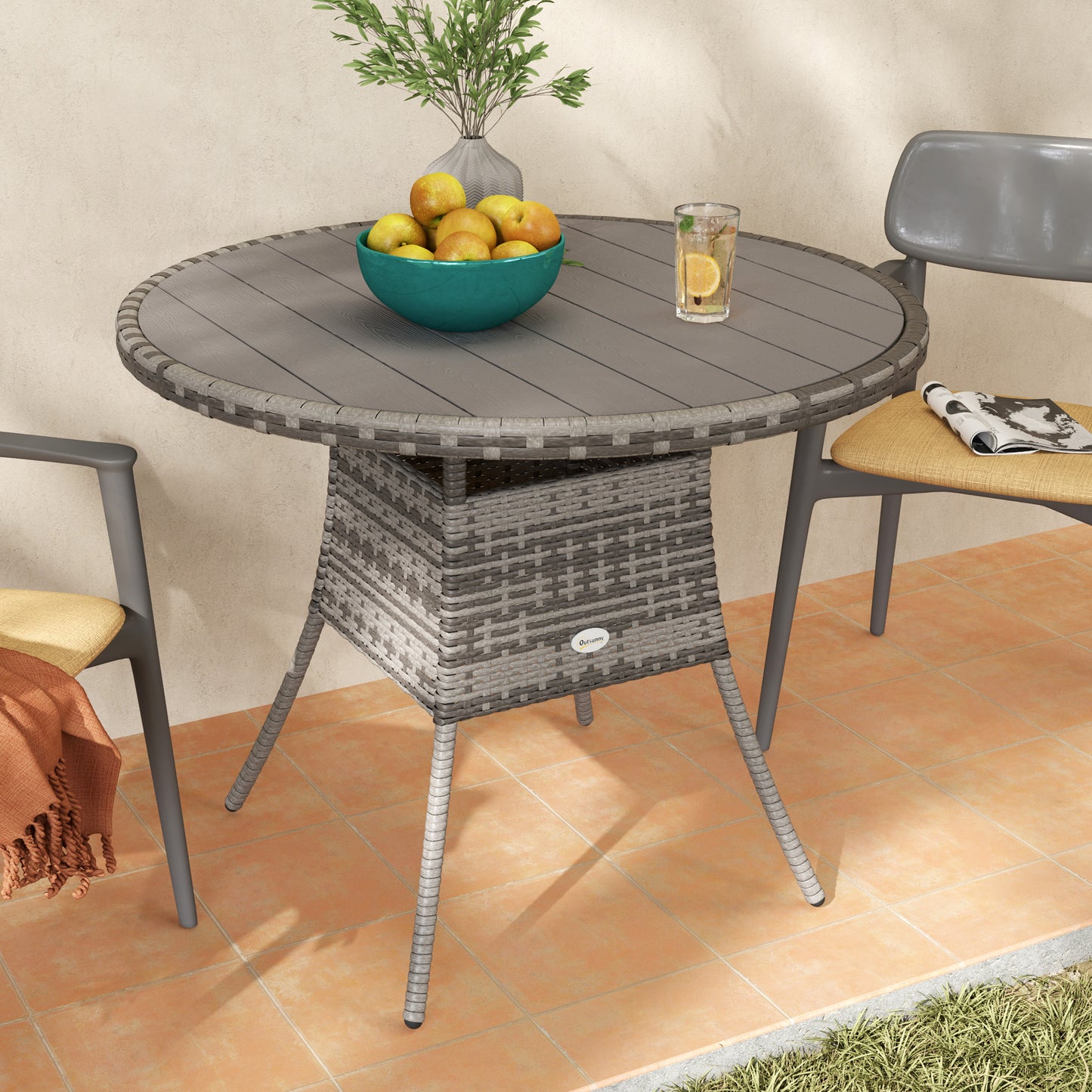 Outsunny 90 cm Wood Effect Rattan Garden Table With Galvanised Steel Frame Grey Outdoor Patio Furniture
