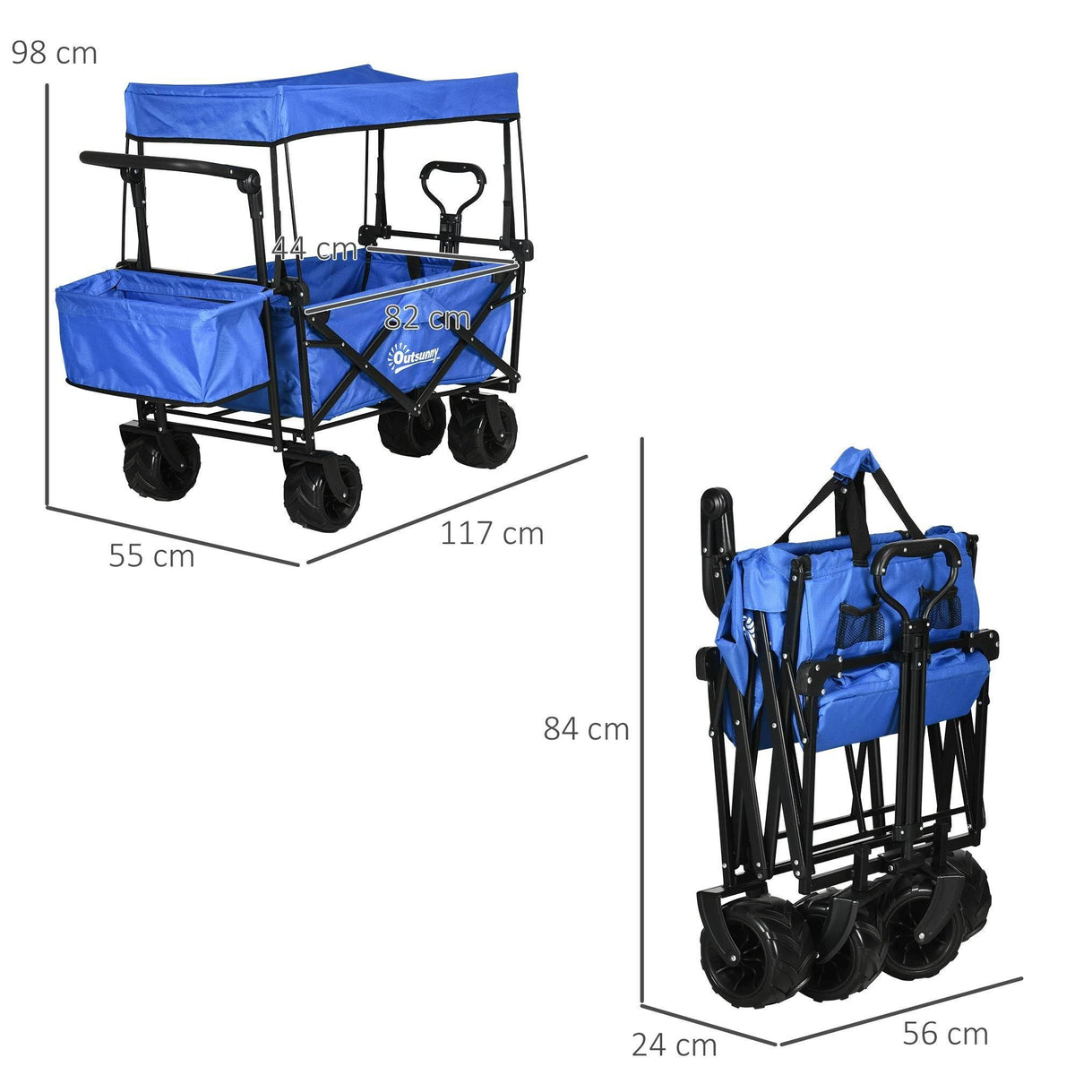 Blue collapsible utility wagon with retractable canopy, 4 wheels, front view
