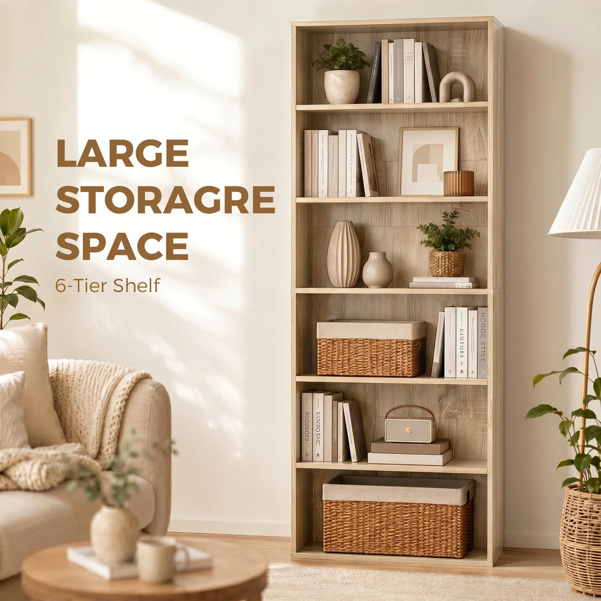 Oak 6-tier bookshelf with open compartments for books and home decor storage