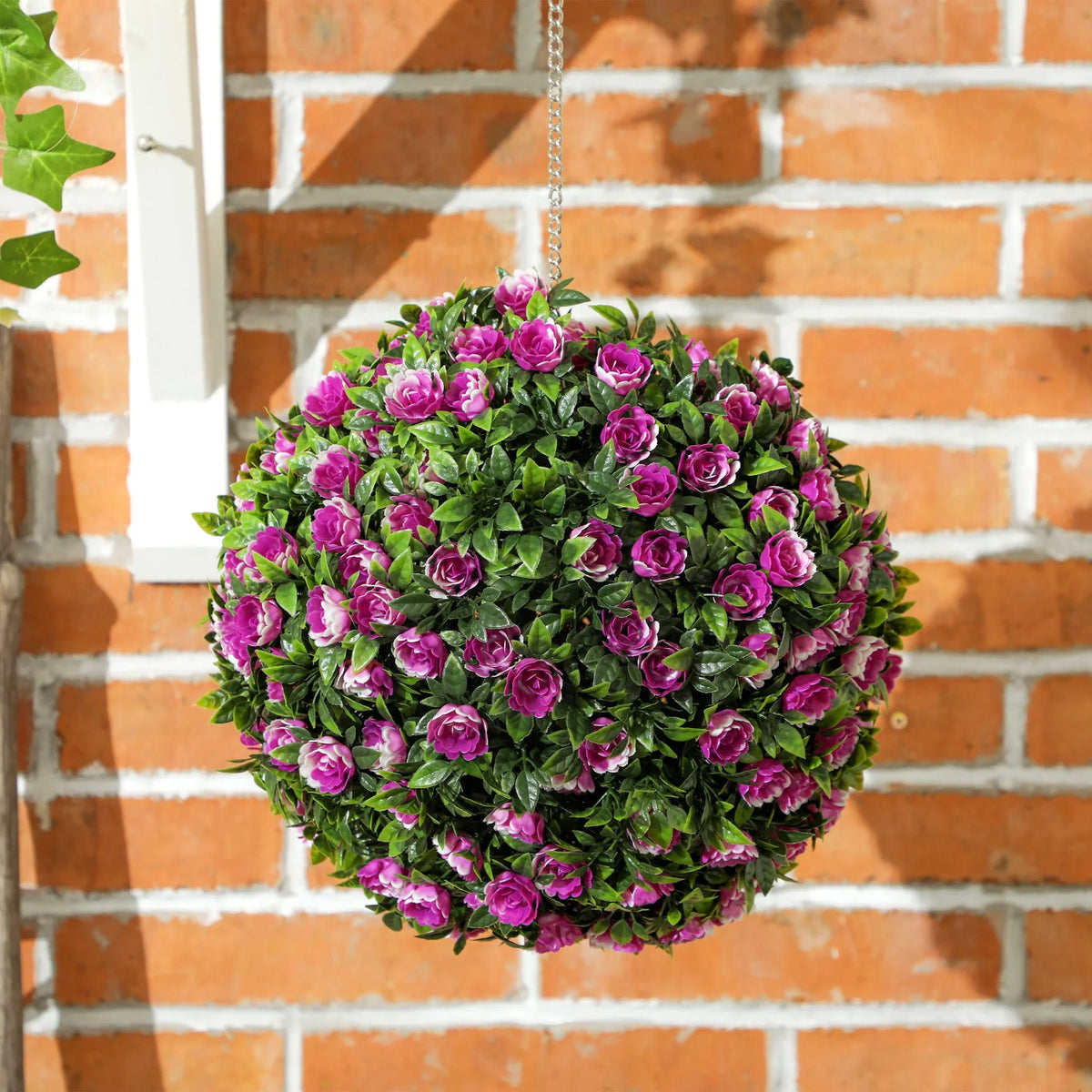 Purple artificial rose topiary ball with hanging chain, full round rose cluster