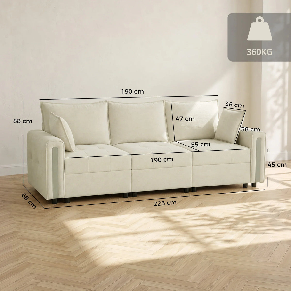 Beige 3-seat velvet sofa, front view with labeled dimensions