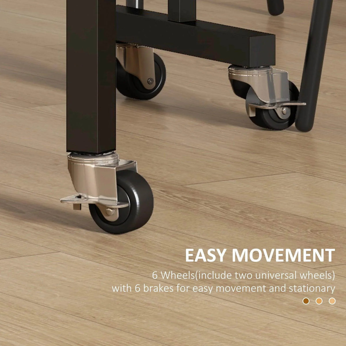 Grey table frame with caster wheels and brake locks for easy movement