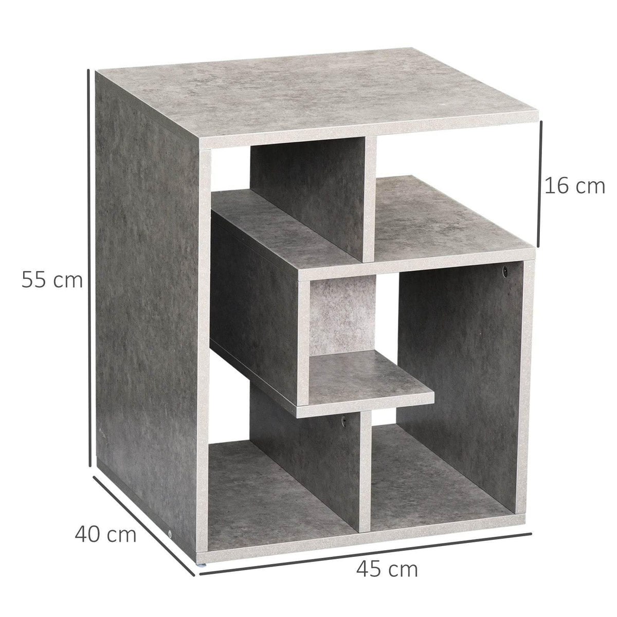 Gray cement-finish 3-tier side table with open shelves and squared tabletop