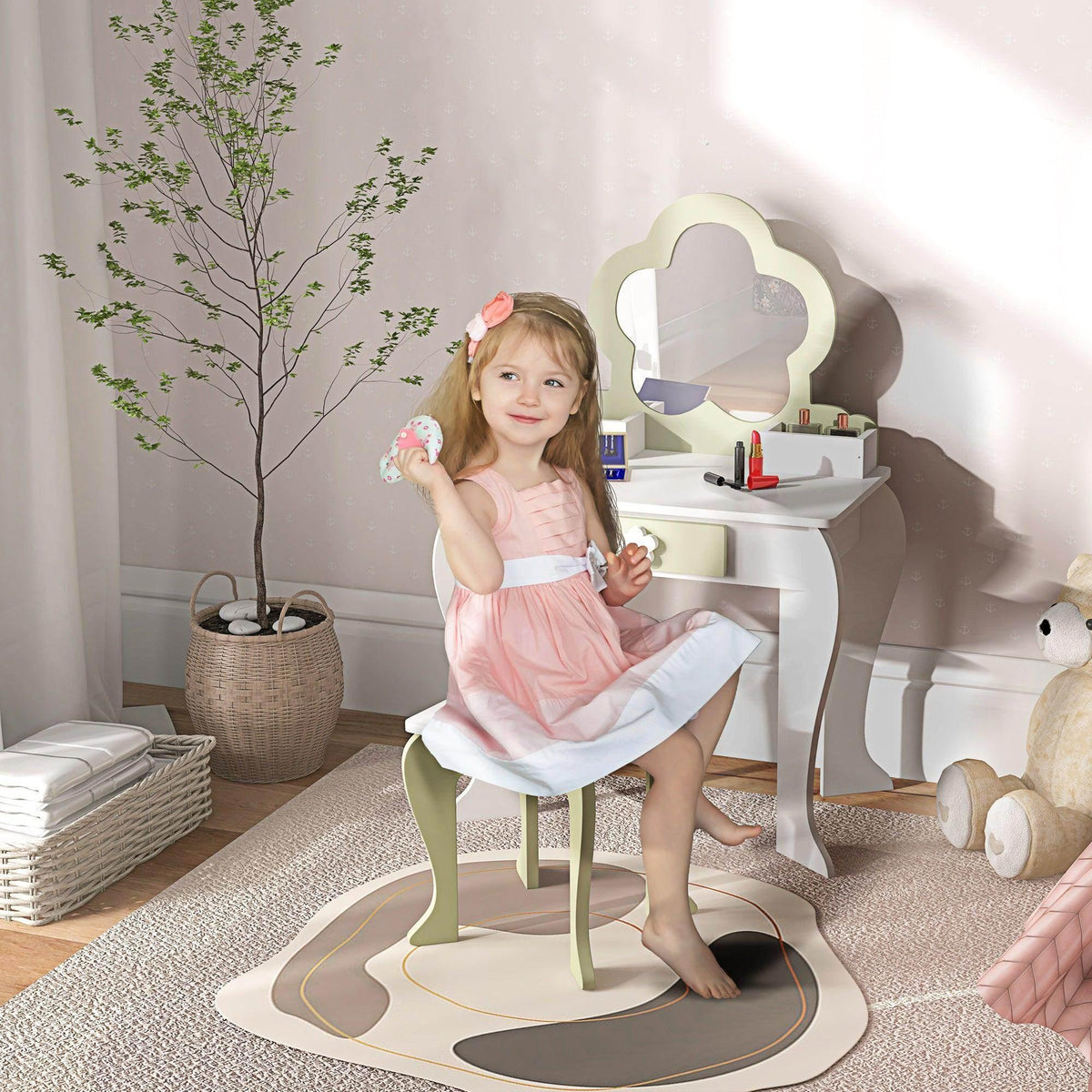 White kids vanity table set with flower mirror, drawer, storage, and matching stool