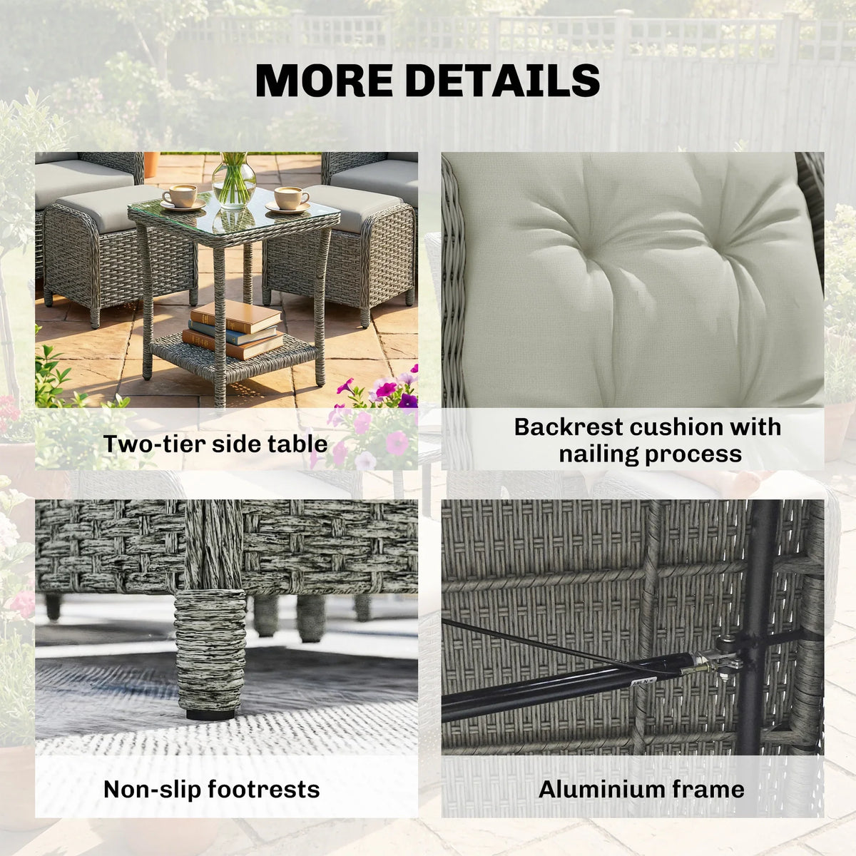Rattan reclining chair set details: back cushion, non-slip footrest, aluminum frame
