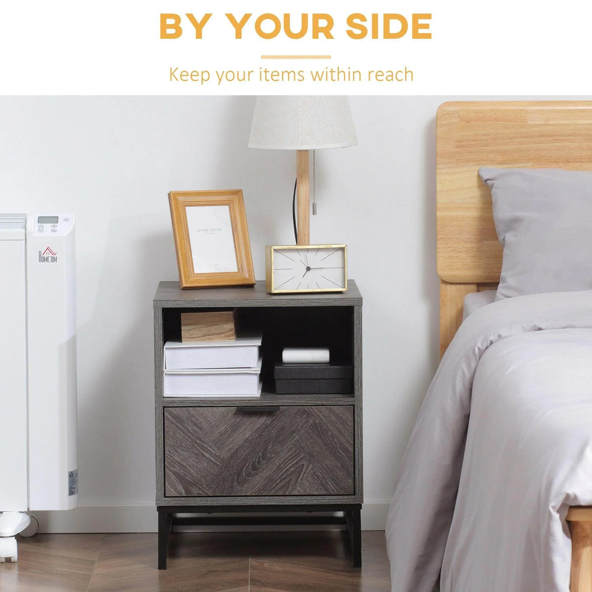 Dark gray bedside table with open storage and drawer, square frame