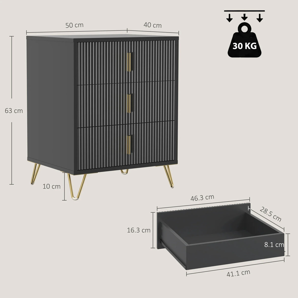 Black 3-drawer dresser diagram view, gold legs, fluted fronts, vertical gold handles.