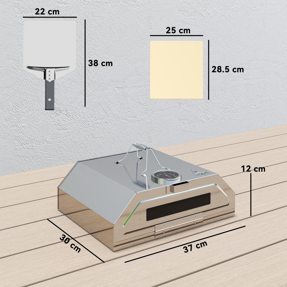 Portable pizza oven with stainless steel design, shown with labeled dimensions