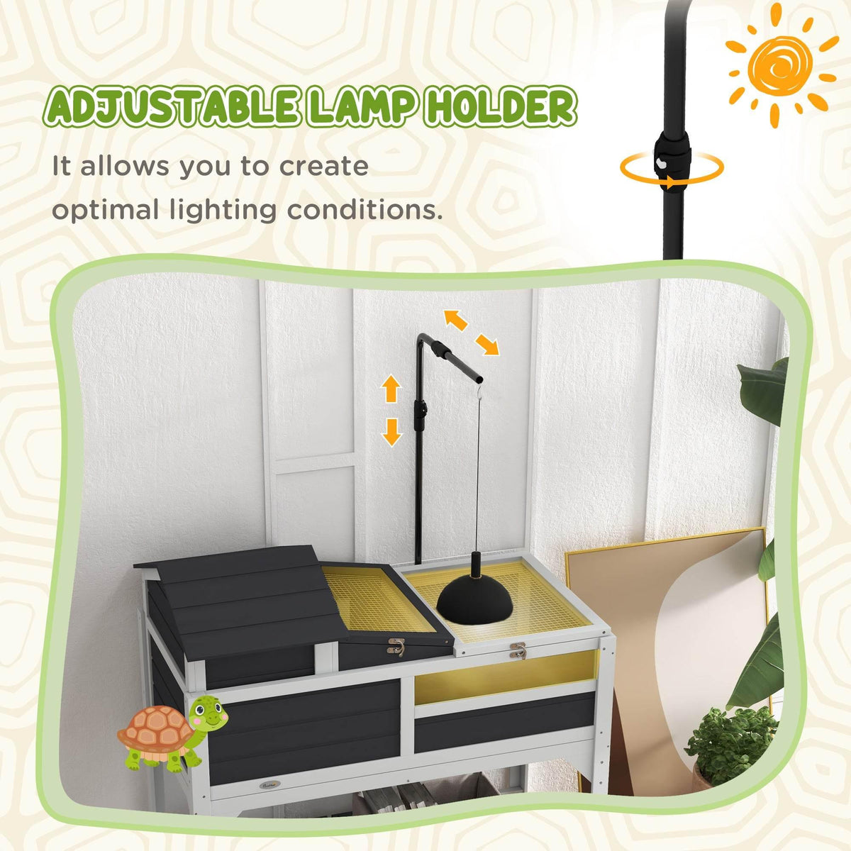 Grey tortoise habitat featuring an adjustable lamp holder above the basking platform