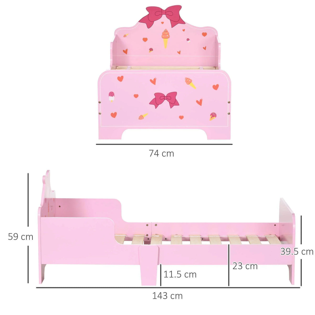 Pink toddler bed frame with bow-pattern headboard and side safety rails