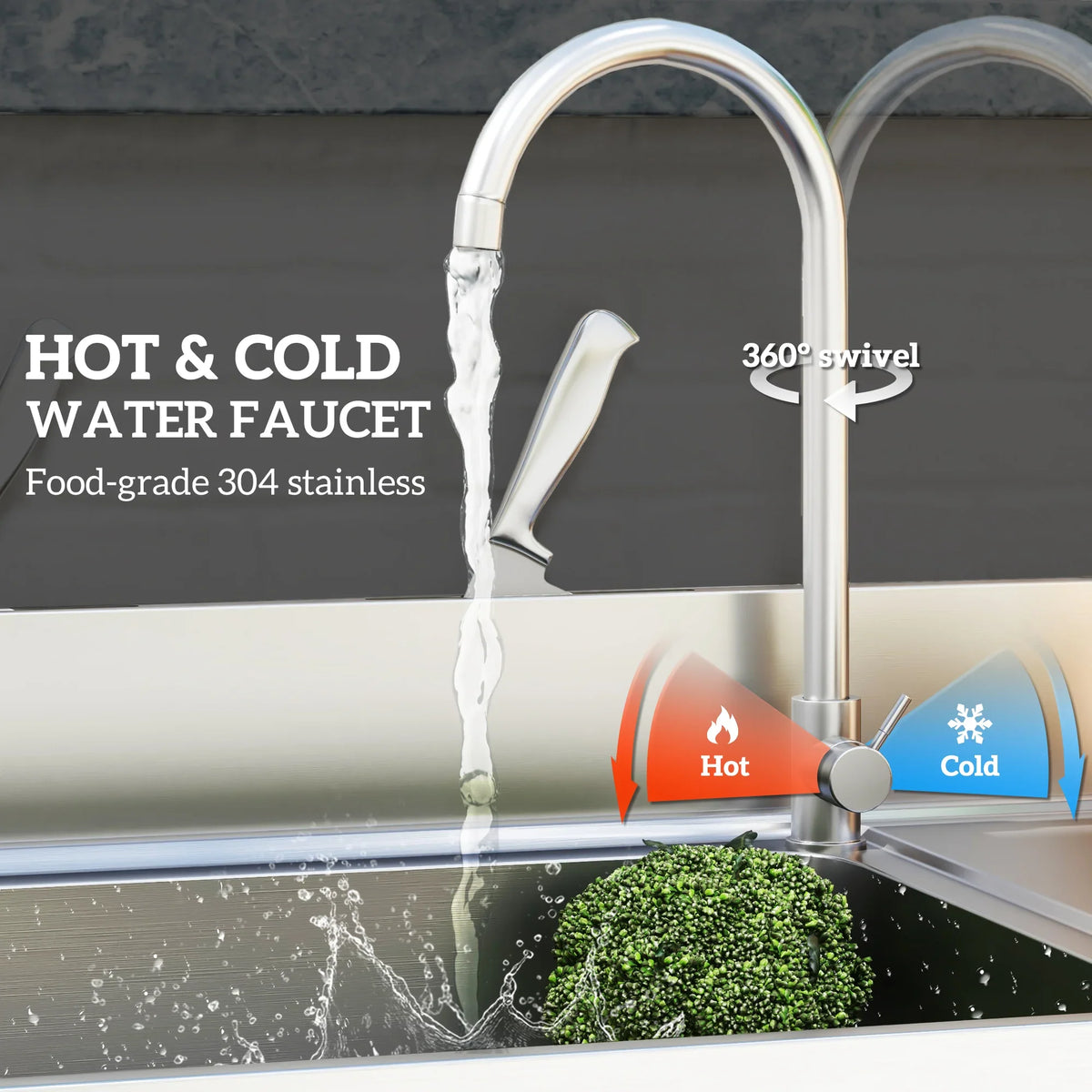 Chrome hot-and-cold faucet with water pouring into a stainless steel sink basin