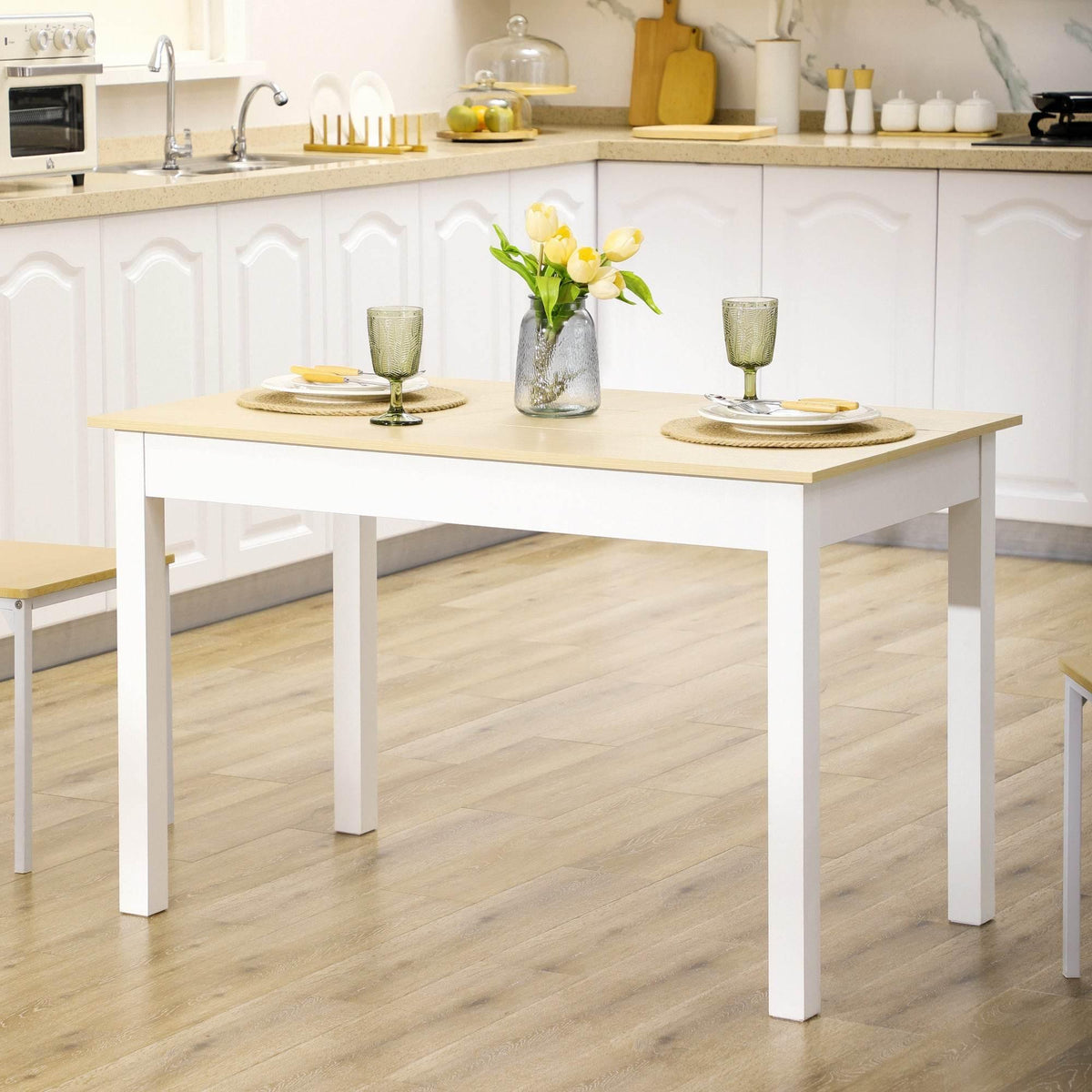 Oak wood grain dining table with white legs, rectangular tabletop for everyday meals