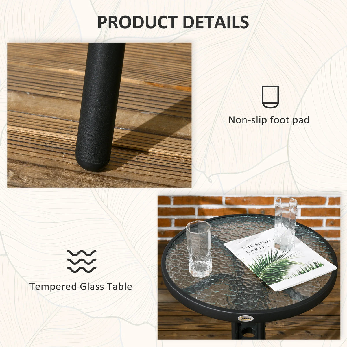 Tempered glass bistro table with black non-slip foot pads on base legs