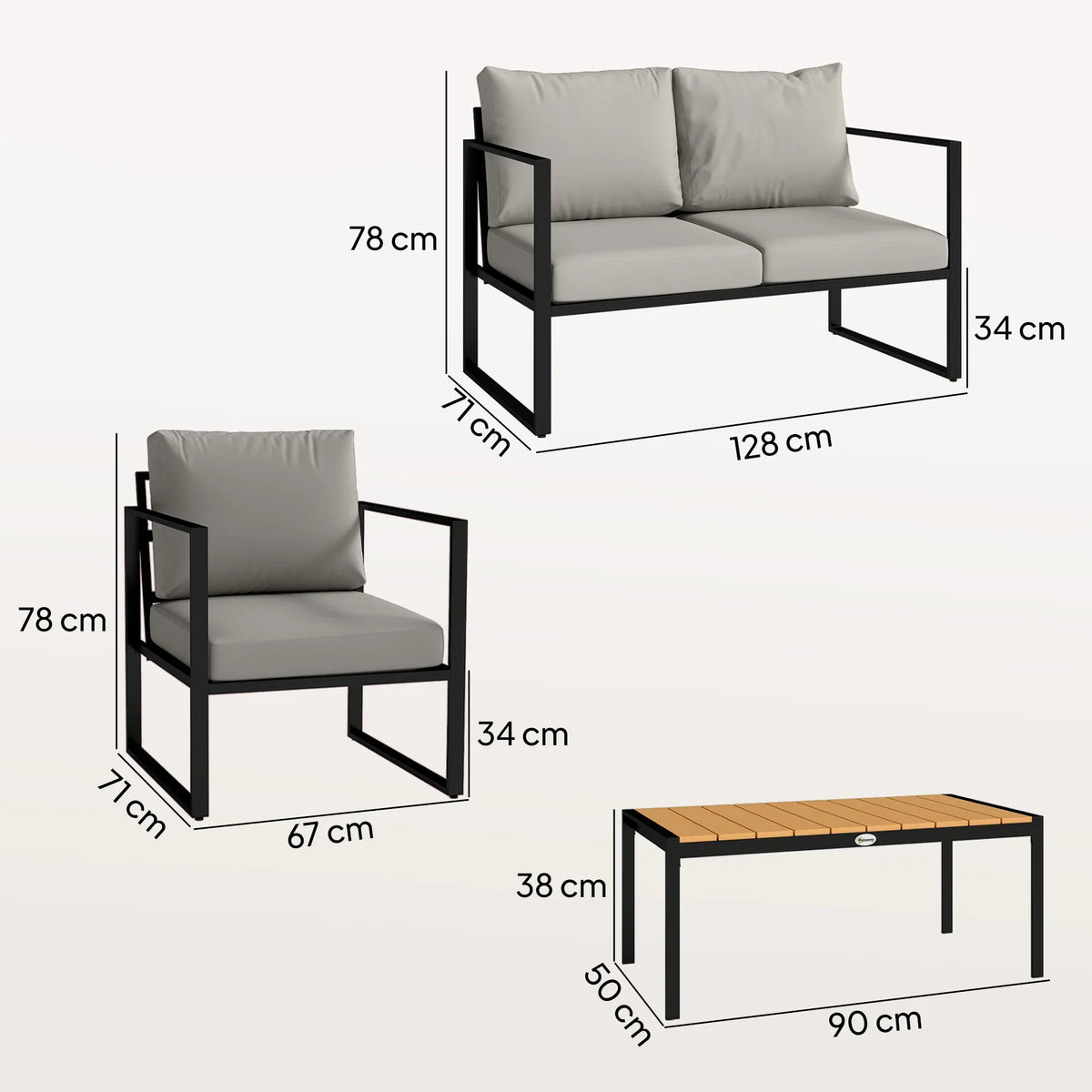 Gray-cushioned loveseat, matching armchairs, and slatted coffee table with size dimensions