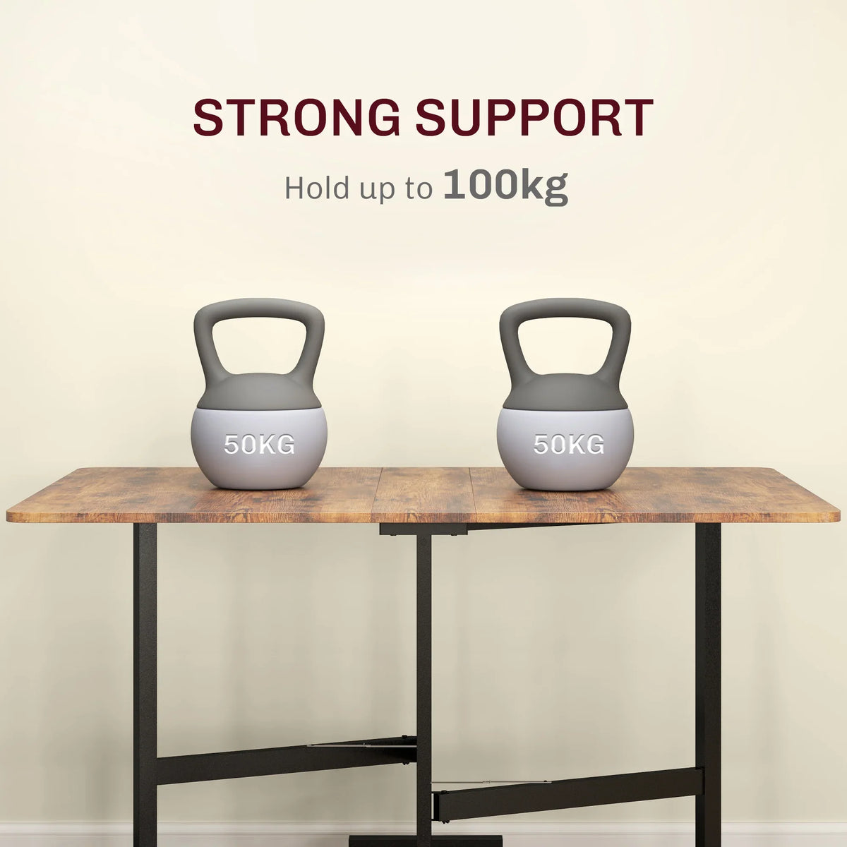 Brown wood-effect drop-leaf table with sturdy metal frame and caster wheels