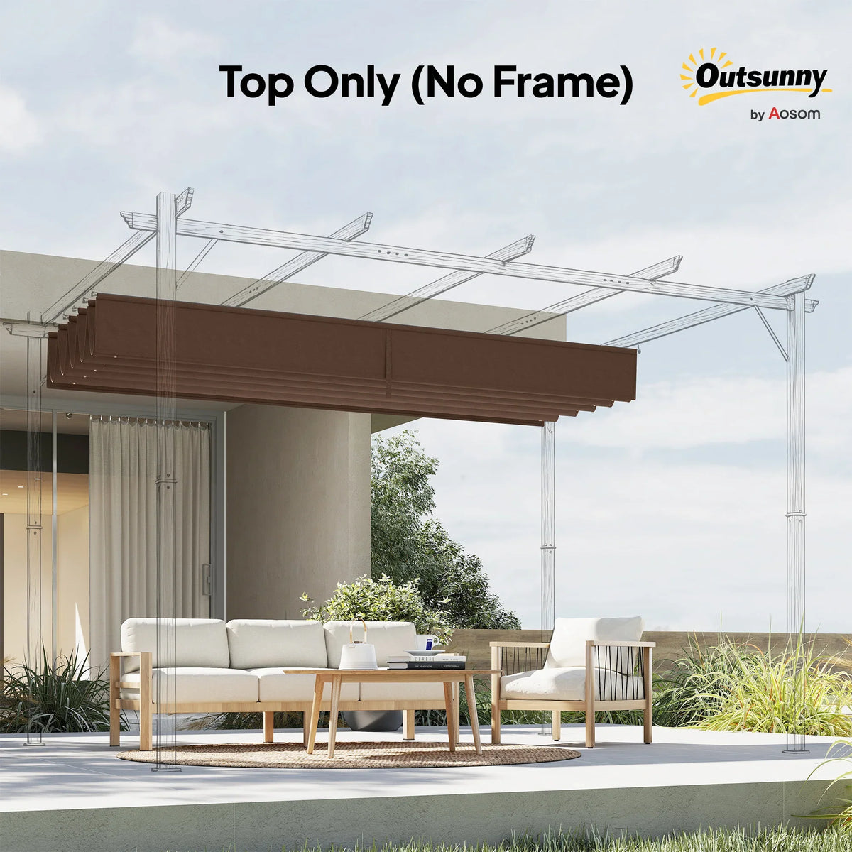 Brown retractable pergola canopy cover with smooth roof panels on frame